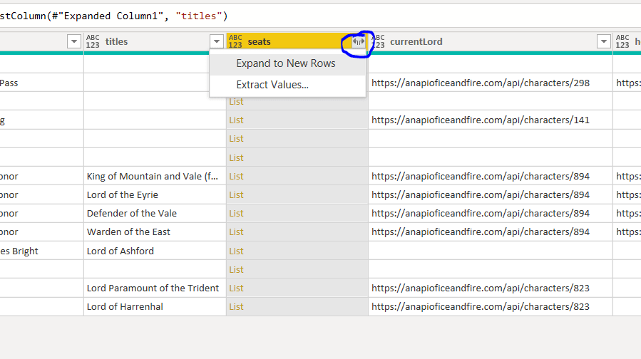 Power BI JSON - Split remaining Columns option API Method